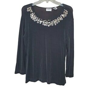 Chico's Travelers Black Slinky Liquid Knit Blouse w/Stamped Metal Size 1 Medium
